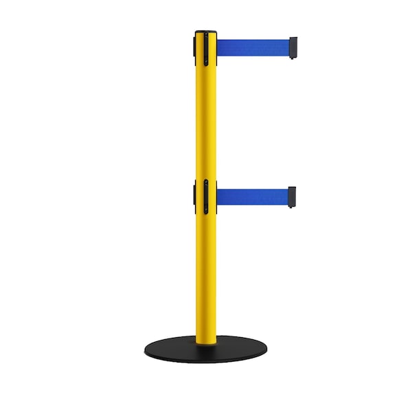 Montour Line Retractable Dbl Belt 2.5" YW Post , Low Base, 9' Blue Belt S400D-YW-BL-90 - main